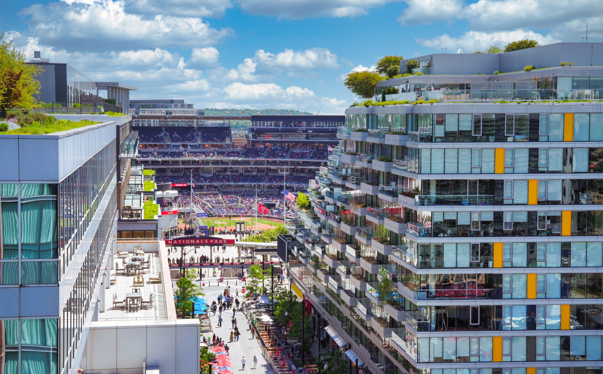 Architectural view over Nationals Park between two modern glass buildings